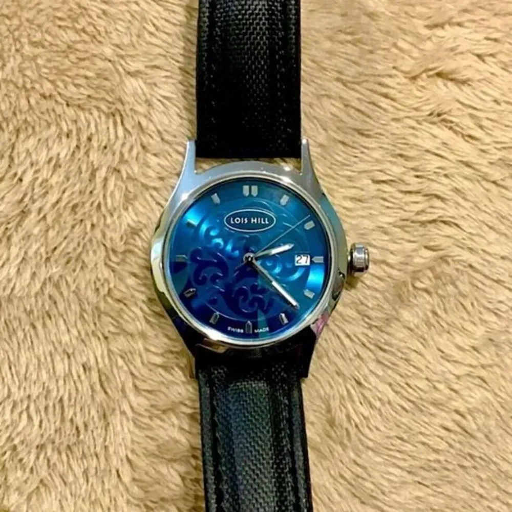 LOIS HILL Swiss Blue Round Face Watch with Black Leather Replacement Band